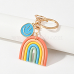 Smiling FaceAlloy Enamel & Rainbow Handmade Polymer Clay Keychain, with Alloy Clasp and Rings, Sky Blue, 100mm(KEYC-YW00230-02)