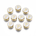 Alloy Enamel Beads, Cadmium Free & Lead Free, Light Gold, Flat Round with Alphabet, White, Letter.P, 8x4mm, Hole: 1.5mm(X-ENAM-N052-006-01P-RS)