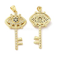 Brass Micro Pave Cubic Zirconia Pendants, Lead Free & Cadmium Free, Skeleton Key with Eye Charms, Real 18K Gold Plated, 36x18x4.5mm, Hole: 5.7x2.6mm(KK-M249-02G)
