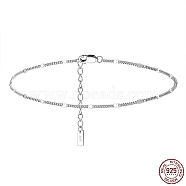 Rhodium Plated 925 Sterling Silver Curb Chain Anklet with Rectangle Charm, Women's Jewelry for Summer Beach, with S925 Stamp, Real Platinum Plated, 8-7/8 inch(22.5cm)(AJEW-F162-001P)