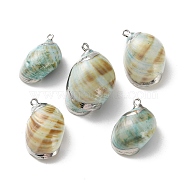 Conch Shell Pendants, with Platinum Tone Brass Covered Edge, Spray Painted, Pale Turquoise, 30~34x17~23x11~16mm, Hole: 1.6~1.8mm(SSHEL-B002-06A)