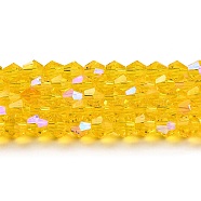 Transparent Electroplate Glass Beads Strands, AB Color Plated, Faceted, Bicone, Gold, 4x4mm, Hole: 0.8mm, about 82~85pcs/strand, 30.5~31cm(GLAA-F029-4mm-D22)