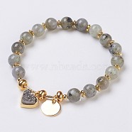 Natural Labradorite Beads Stretch Bracelets, with Electroplate Natural Druzy and Brass Findings, Heart and Flat Round, 2-1/8 inch(5.5cm), Charms: 12~13x12x1~7mm(BJEW-I261-01D)