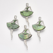 Shell Brooches/Pendants, with Resin Bottom and Alloy Findings, Dancer, Platinum, Dark Sea Green, 79x44x9.5mm, hole: 7x4mm, Pin: 0.7mm(RESI-S376-16B)