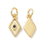 Rack Plating Brass Micro Pave Black Cubic Zirconia Charms, with Jump Ring, Long-Lasting Plated, Cadmium Free & Lead Free, Rhombus, Real 18K Gold Plated, 13x6.5x2mm, Hole: 3mm(ZIRC-C042-13G)