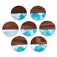 Transparent Resin & Walnut Wood Pendants, Two Tone, Flat Round, Dark Turquoise, 38.5x3mm, Hole: 2mm(RESI-T035-35B)