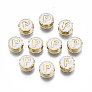 Alloy Enamel Beads, Cadmium Free & Lead Free, Light Gold, Flat Round with Alphabet, White, Letter.P, 8x4mm, Hole: 1.5mm(X-ENAM-N052-006-01P-RS)