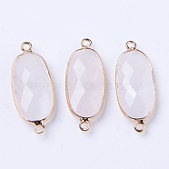 Natural Quartz Crystal Links Connectors, Rock Crystal, with Light Gold Plated Edge Brass Loops, Oval, Faceted, 27x11x5.5mm, Hole: 2mm(G-R472-03I)