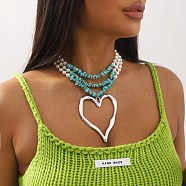 Boho Dyed Synthetic Turquoise Chip & Plastic Pearl Multi Layered Necklaces, Summer Beach Heart Alloy Pendant Necklaces for Women, Platinum, Turquoise, 14.76 inch(37.5cm)(NJEW-U006-04B-P)