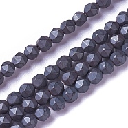 Electroplate Non-magnetic Synthetic Hematite Beads Strands, Faceted, Frosted, Round, Hematite Plated, 4.2x4.2x4.2mm, Hole: 0.5mm, about 92~95pcs/strand, 15.9 inch~16.37 inch(40.4~41.6cm)(G-E522-A01-F)