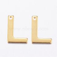 304 Stainless Steel Charms, Letter, Initial Charms, Real 18k Gold Plated, Letter.L, 11x6~12x0.8mm, Hole: 1mm(STAS-P141-L)
