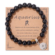 Natural Tiger Eye & Agate Beaded Stretch Bracelets,  Constellation Charm Bracelets, Round, Aquarius, 7-1/2 inch(19cm)(PW-WG52B58-08)