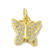 Real 18K Gold Plated Brass Pave Cubic Zirconia Pendants, with Jump Rings, Butterfly, Clear, 12.5x12x2mm, Hole: 3mm(KK-M283-10E-01)
