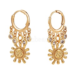 Sun Brass Dangle Huggie Hoop Earrings, Clear Cubic Zirconia Drop Chandelier Earrings for Women, Golden, 36mm, Pin: 0.8mm(EJEW-SW00001-04)