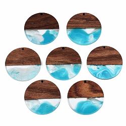 Transparent Resin & Walnut Wood Pendants, Two Tone, Flat Round, Dark Turquoise, 38.5x3mm, Hole: 2mm(RESI-T035-35B)