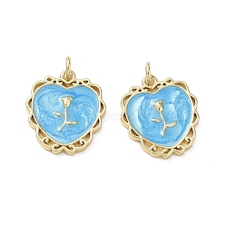 Brass & Enamel Pendants, Heart with Rose Pattern Charms, Rack Plating, Long-Lasting Plated, Lead Free & Cadmium Free, Real 18K Gold Plated, Deep Sky Blue, 19x16.5x2mm, Hole: 3mm(KK-CBAD360-02G-02)