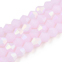 Imitation Jade Bicone Frosted Glass Bead Strands, Half AB Color Plated, Faceted, Pearl Pink, 4x4mm, Hole: 1mm, about 86~89pcs/strand, 12.20~12.68 inch(31~32.2cm)(GLAA-F029-JM4mm-A02)