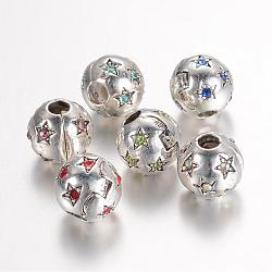 Brass Rhinestones European Clasps, Round with Star, Antique Silver, Mixed Color, 10x10x9mm, Hole: 3mm(PDLC-K001-04-AS)