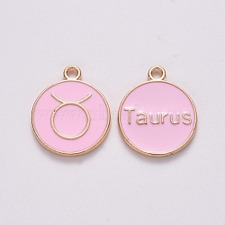 Alloy Enamel Pendants, Cadmium Free & Lead Free, Flat Round with Constellation, Light Gold, Pink, Taurus, 15x12x2mm, Hole: 1.5mm(ENAM-S124-01B-09C)