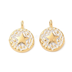 304 Stainless Steel Enamel Pendants, Flat Round & Star Charms, Ion Plating(IP), Real 18K Gold Plated, WhiteSmoke, 16x12.5x4.5mm, Hole: 2mm(STAS-Q119-11G-01)