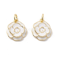 Rack Plating Brass Pendants, with Enamel and Jump Rings, Real 18K Gold Plated, Cadmium Free & Lead Free, Flower, White, 17x15x4mm, Jump Ring: 6x1mm, 4mm Inner Diameter(X-KK-I684-05G-04-RS)