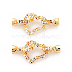 Brass Micro Pave Clear Cubic Zirconia Peg Bails Fold Over Clasps, for Half Drilled Bead, Nickel Free, Heart, Real 18K Gold Plated, 32mm, Heart: 14.5x16x3mm, Pin: 0.7mm, Clasp about: 12x5.5x6.5mm, Inner Diameter: 3.5mm(KK-S354-313-NF)