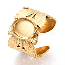 Leaf 304 Stainless Steel Cuff Ring Components, Oval Pad Ring Setting, Ion Plating(IP), Real 18K Gold Plated, Tray: 10x8mm, 14.2mm, Adjustable(X-STAS-T066-61G)