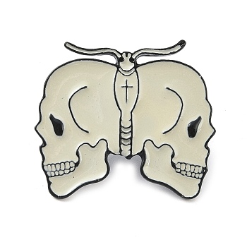 Enamel Pins, Black Alloy  Brooch, for Backpack Clothes, White Skull Moth, 26x30x2mm