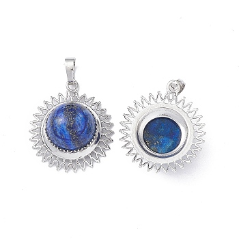 Natural Lapis Lazuli Pendants, Sun Charms, with Platinum Tone Brass Findings, Half Round, 31x27.5x12mm, Hole: 7x5mm