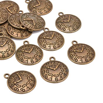 Zinc Alloy Pendants, Cadmium Free & Lead Free, Clock, Antique Bronze, Size: about 22mm long, 18mm wide, 2mm thick, hole: 2mm