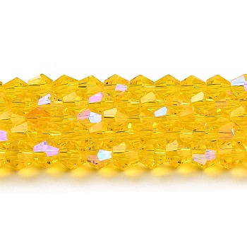 Transparent Electroplate Glass Beads Strands, AB Color Plated, Faceted, Bicone, Gold, 4x4mm, Hole: 0.8mm, about 87~98pcs/strand, 12.76~14.61 inch(32.4~37.1cm)