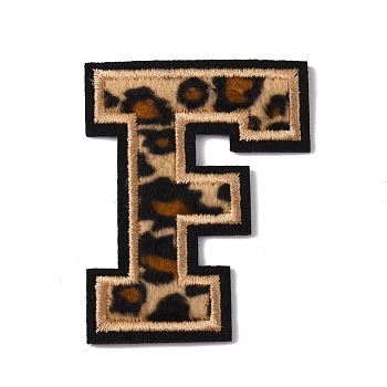 Polyester Computerized Embroidery Cloth Iron On Sequins Patches, Leopard Print Pattern Stick On Patch, Costume Accessories, Appliques, Letter.F, 61x48x1.5mm