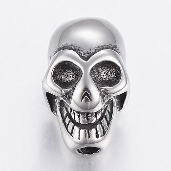 304 Stainless Steel Beads, Skull, Antique Silver, 12.5x8x8mm, Hole: 2mm