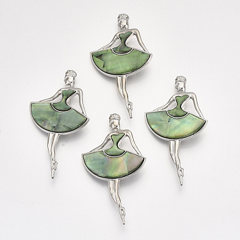 Shell Brooches/Pendants, with Resin Bottom and Alloy Findings, Dancer, Platinum, Dark Sea Green, 79x44x9.5mm, hole: 7x4mm, Pin: 0.7mm