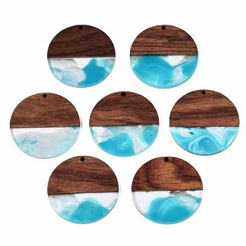 Transparent Resin & Walnut Wood Pendants, Two Tone, Flat Round, Dark Turquoise, 38.5x3mm, Hole: 2mm