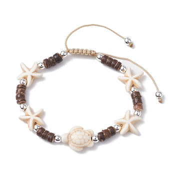 Coconut Braided Bead Bracelets, Starfish & Turtle Synthetic Turquoise Adjustable Bracelets for Women, White, Inner Diameter: 2-1/2~3-3/4 inch(6.5~9.6cm)