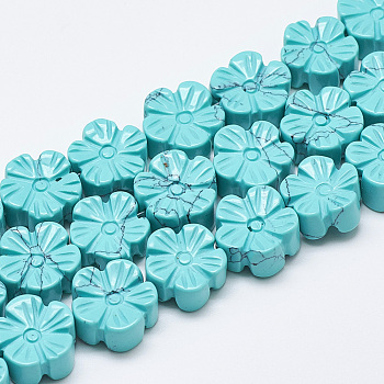 Carved Synthetic Turquoise Beads Strands, Plum Blossom, 13~14x13~14x7~8mm, Hole: 1mm, about 16pcs/strand, 8.2 inch~8.6 inch