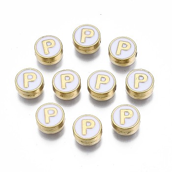Alloy Enamel Beads, Cadmium Free & Lead Free, Light Gold, Flat Round with Alphabet, White, Letter.P, 8x4mm, Hole: 1.5mm