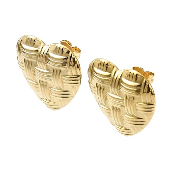 Ion Plating(IP) 201 Stainless Steel Stud Earrings, with 304 Stainless Steel Pins, Textured Heart, Real 18K Gold Plated, 19x20mm