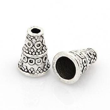 Tibetan Style Alloy Bead Cone, Lead Free, Cadmium Free and Nickel Free, Cone, Antique Silver, about 7mm wide, 10mm long, hole: 2mm, Inner Diameter: 5mm
