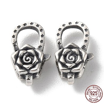 925 Thailand Sterling Silver Lobster Claw Clasps, Rose Flower, with 925 Stamp, Antique Silver, 15x8.5x5mm, Hole: 1.2mm
