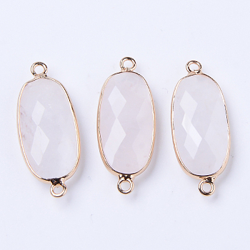 Natural Quartz Crystal Links Connectors, Rock Crystal, with Light Gold Plated Edge Brass Loops, Oval, Faceted, 27x11x5.5mm, Hole: 2mm