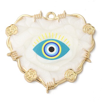 Zinc Alloy Enamel Pendants, Golden, Heart with Evil Eye & Rose Charm, Dark Turquoise, 46.5x48.5x3mm, Hole: 3mm