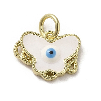Evil Eye Enamel Shell Brass Butterfly Charms with Jump Rings, Real 18K Gold Plated, White, 11.5x15x3mm, Hole: 3.8mm