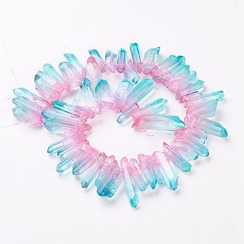Natural Quartz Crystal Beads Strands, Pointed Pendants, Faceted, Dyed, Two Tone, Column, Cyan, 15~40x10~13x10~12mm, Hole: 2mm