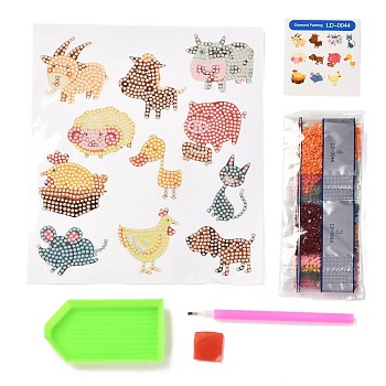 DIY Animal Theme Diamond Painting Stickers Kits For Kids, with Diamond Painting Stickers, Rhinestones, Diamond Sticky Pen, Tray Plate and Glue Clay, Mixed Color, 20.5x18x0.03cm