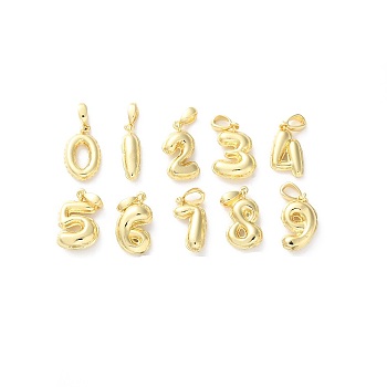 Brass Pendants, Number Charms, Rack Plating, Long-Lasting Plated, Lead Free & Cadmium Free, Real 18K Gold Plated, 14~14.5x4~10.5x3~5mm, Hole: 4x2.5mm