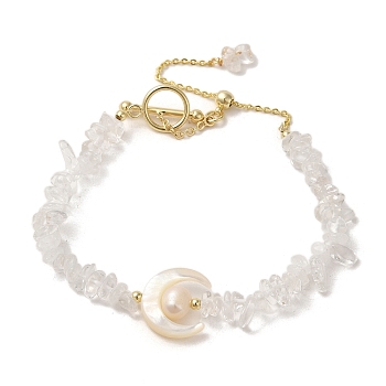Crescent Mooon Natural Quartz Crystal & Shell & Pearl Beaded Bracelets, with Brass Clasps, Real 14K Gold Plated, 7-1/8 inch(18cm)