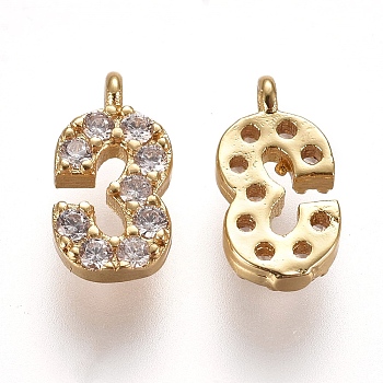 Brass Micro Pave Clear Cubic Zirconia Charms, Number, Golden, Num.3, 9.5~10x4~6.5x2mm, Hole: 0.8mm