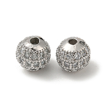 Brass Micro Pave Cubic Zirconia Beads, Round, Real Platinum Plated, 6mm, Hole: 1.5mm